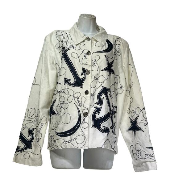 The Travel Collection White Nautical Anchor Embroidered Button Front Jacket XL - Picture 1 of 5